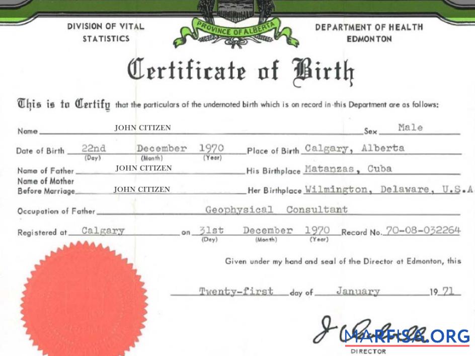 Downloadable United States Department of Health Edmonton birth certificate sample